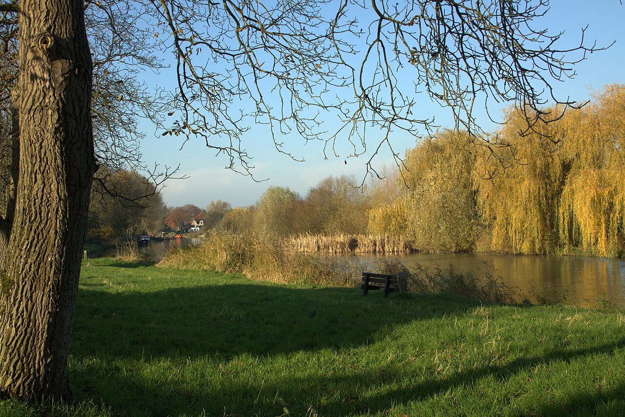 De Linge bij de Koppelsedijk in Geldermalsen, met bomen en een bankje langs de oever